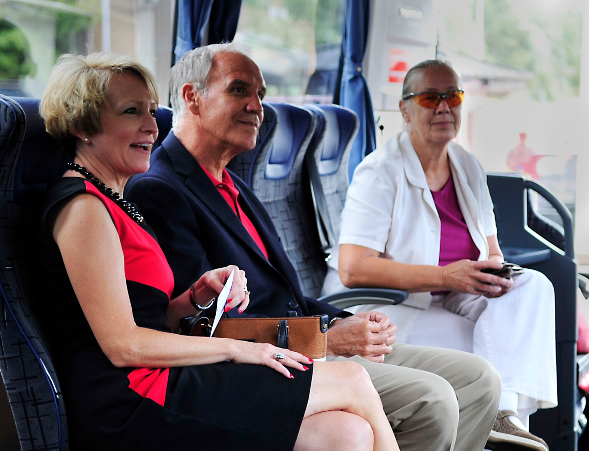 Sue Ellspermann, lieutenant governor of Indiana, and her husband, Jim Mehling, speak with Airmen during a base tour July 25, 2015, at Ramstein Air Base, Germany. Ellspermann took a three-day trip to Germany to visit the origin of her ancestors who immigrated to Indiana and had the opportunity to meet with Airmen from Indiana and tour the base during her visit. (U.S. Air Force photo/Airman 1st Class Larissa Greatwood)