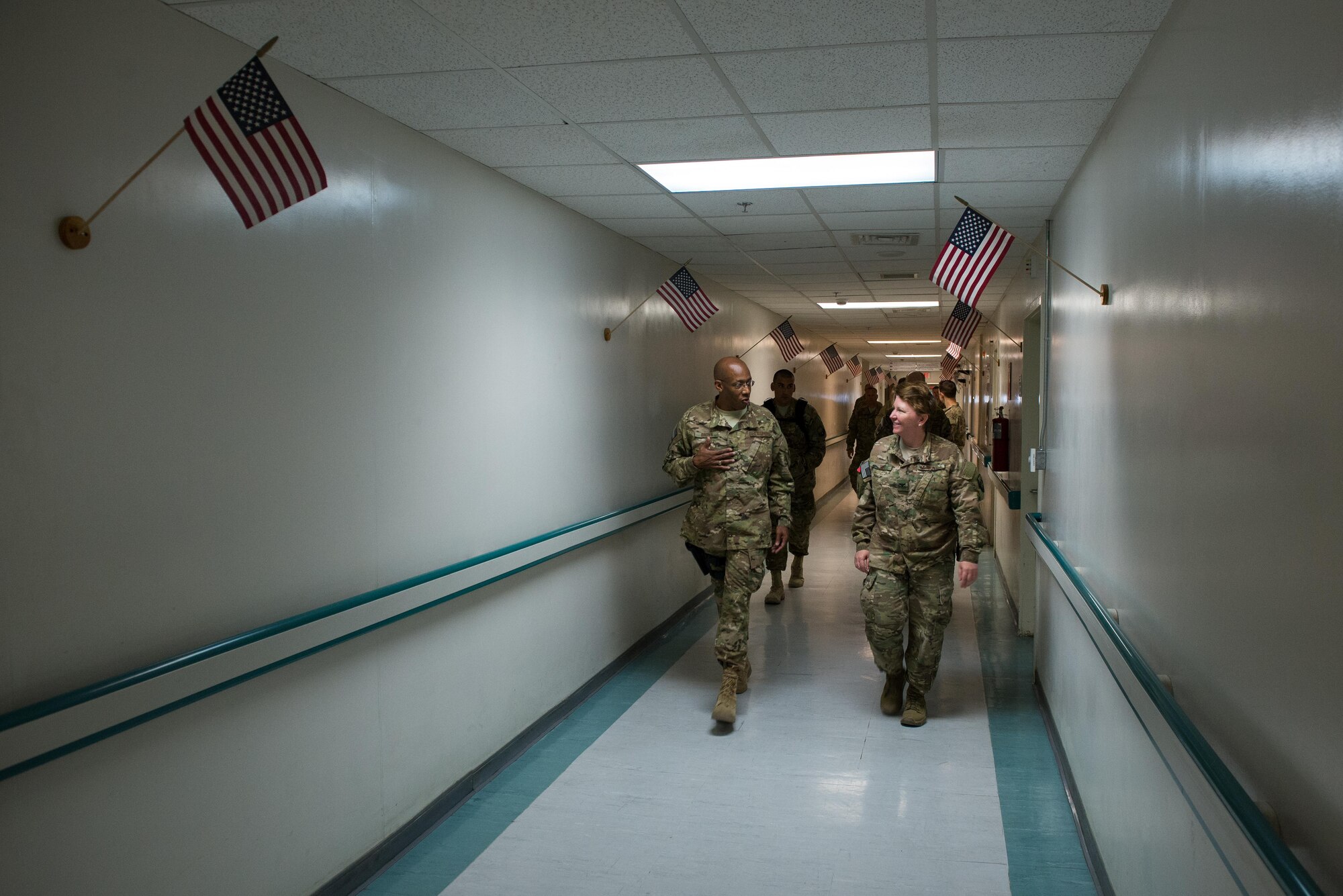 U.S. Air Force Col. Gianna Zeh, 455th Expeditionary Medical Group commander, explains the EMDG mission to Lt. Gen. Charles Q. Brown Jr., U.S. Air Forces Central Command commander, at Bagram Airfield, Afghanistan, July 25, 2015. Brown met with Airmen from BAF and Kandahar Airfield during his tour of Afghanistan and got a first-hand look at how Airmen support the mission in Afghanistan. (U.S. Air Force photo by Tech. Sgt. Joseph Swafford/Released)