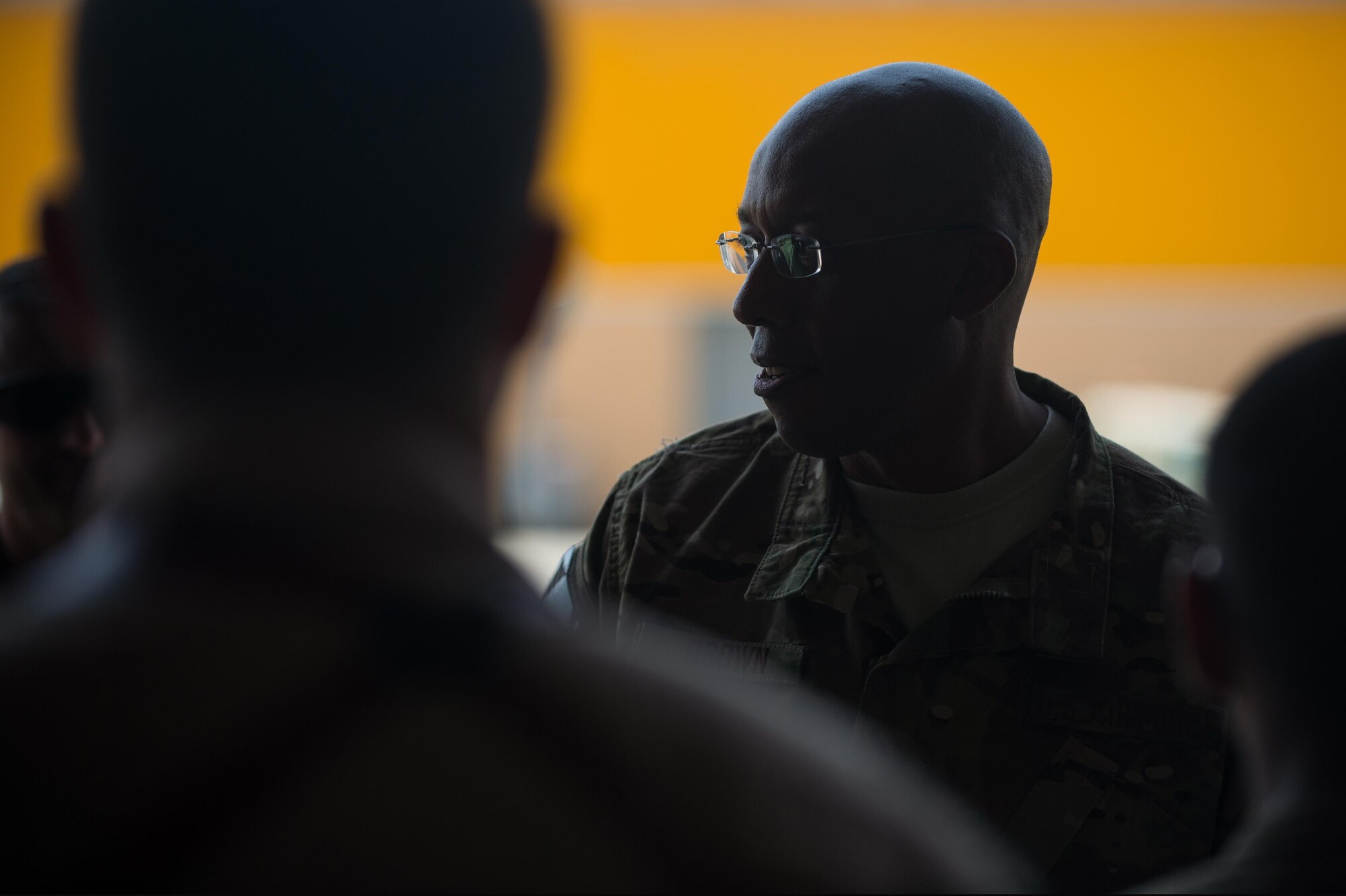 U.S. Air Force Lt. Gen. Charles Q. Brown Jr., U.S. Air Forces Central Command commander, talks with Airmen assigned to the 455th Air Expeditionary Wing at Bagram Airfield, Afghanistan, July 25, 2015. Brown met with Airmen from BAF and Kandahar Airfield during his tour of Afghanistan and got a first-hand look at how Airmen support the mission in Afghanistan. (U.S. Air Force photo by Tech. Sgt. Joseph Swafford/Released)