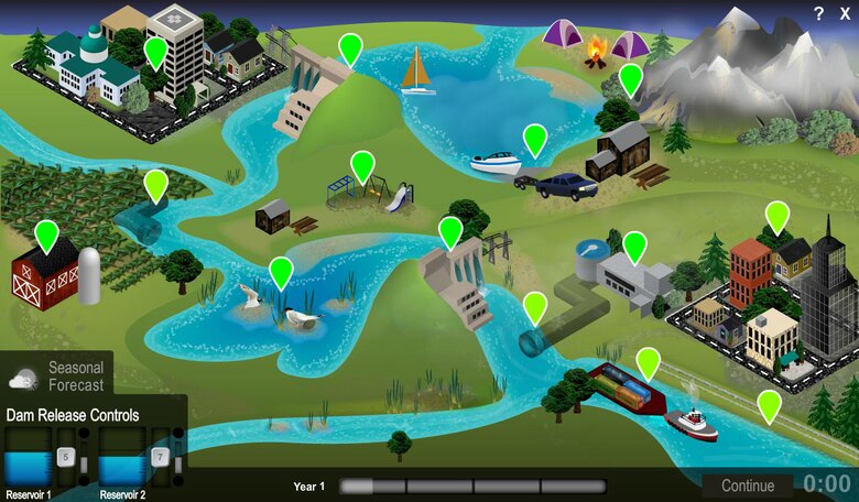 The River Basin Balancer Game offers insight into an inland waterway and a system of reservoirs, which are operated with a goal for serving each of the benefits, flood control, navigation, hydropower, irrigation, water supply, recreation, fish and wildlife, and water quality, for which many USACE reservoirs are authorized and constructed. Users can take charge of river operations and experience the unique challenges presented when managing reservoir operations in a variety of weather conditions across a geographically diverse basin.