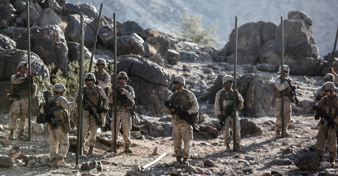 Combat engineers and assault men with Company C, 1st Battalion, 3rd Marine Regiment, assemble in preparation for an obstacle breach and hold several M1A2 Bangalore breaching charges. 1/3 Marines conducted a company level live fire assault during an Integrated Training Exercise aboard Marine Corps Air Ground Combat Center Twentynine Palms, Calif., July 29.