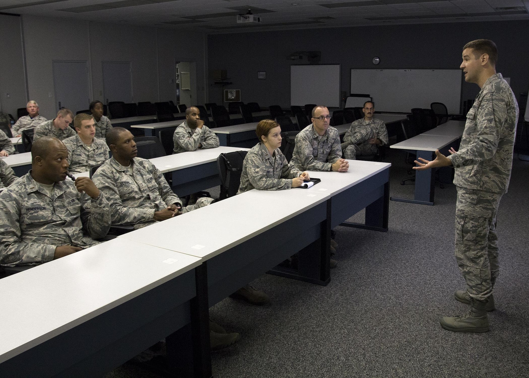 Maj. Adam Fink, 315th Airlift Wing Chaplain Service, tells a group of Air Force chaplain candidates about the many rewarding opportunities available to them as chaplains in the Air Force Reserve. The 315th Airlift Wing Chaplain Service hosted the 18 second lieutenants in an effort to bring the young officers out into the “real Air Force world,” and  show them the diversity of people and job specialties at a typical Air Force base.  Besides meeting Reserve and active duty Airmen around the base, the group also visited patients at the Charleston VA Medical Center. Over the weekend they were scheduled to participate in the Joint Base Charleston Chapel services with active duty chaplains on the main base and over at the Naval Weapons Station. Weather permitting, they also hope to get a chance to visit the “Holy Cities” many historical churches before they leave. (U.S. Photo by Michael Dukes)