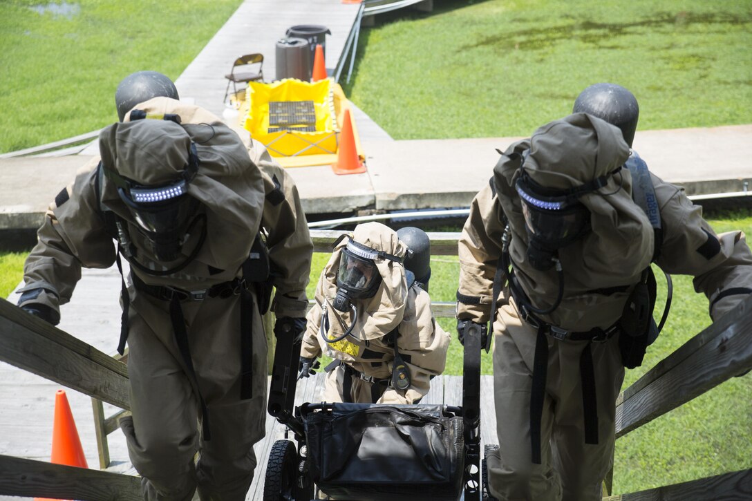 Chemical, biological, radiological and nuclear defense specialists from across Marine Forces Reserve approach a simulated methamphetamine laboratory during the final training event of the Advanced Consequence Management Team Certification in Pilottown, La., July 29, 2015. The Marines were part of a survey team sent in to take samples from the lab. (U.S. Marine Corps photo by Cpl. Ian Leones/Released)
