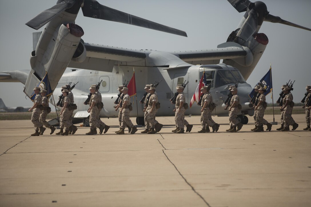 Marines with Marine Aircraft Group (MAG) 16 march in formation during a change of command ceremony aboard Marine Corps Air Station Miramar, California, July 30. Col. Anthony Bianca, former commanding officer of MAG-16, relinquished command to Col. Chad Blair. (U.S. Marine Corps photo by Sgt. Brian Marion/Released)