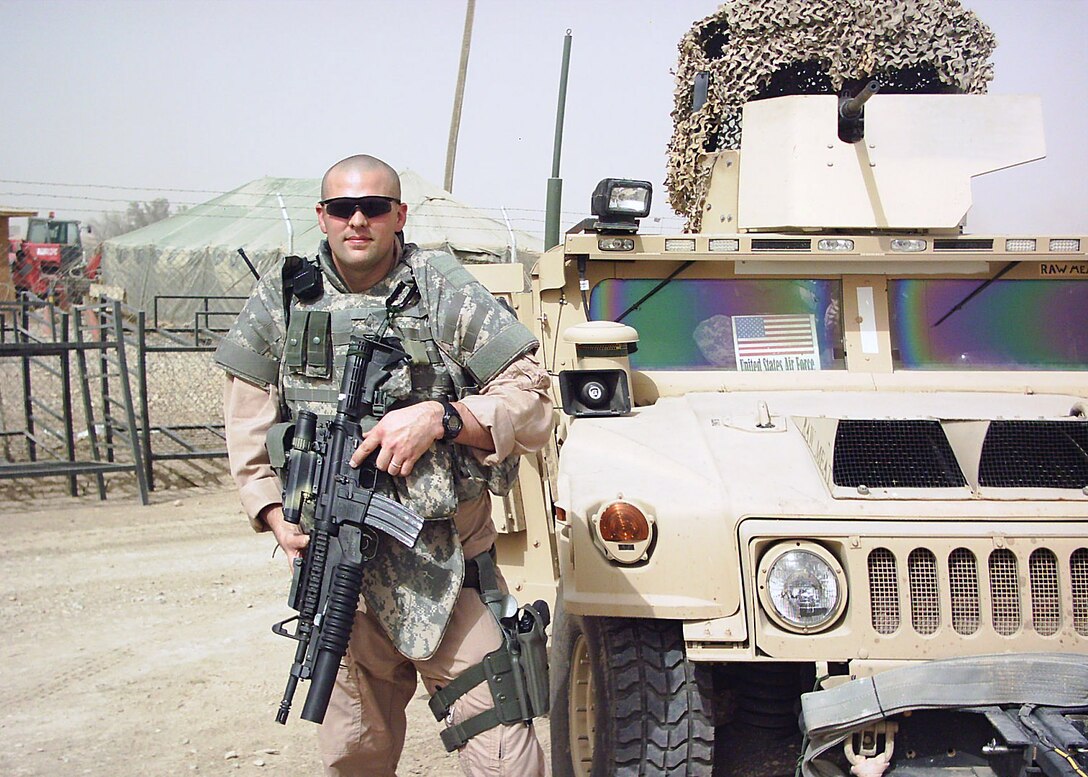 Air Force Senior Master Sgt. David Mason, a first sergeant, poses for a photo during a security forces patrol while on a deployment to Iraq in 2008. Courtesy photo
