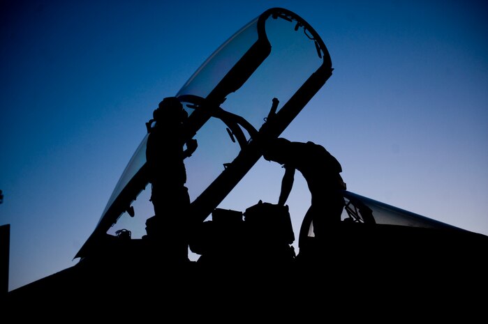 U.S. Navy maintainers assigned to Electronic Attack Squadron 138, Naval Air Station Whidbey Island, Wash., perform pre-flight checks on an EA-18G Growler during Red Flag 15-3 at Nellis Air Force Base, Nev., July 28, 2015. Red Flag is hosted north of Las Vegas on the Nevada Test and Training Range. (U.S. Air Force photo by Airman 1st Class Rachel Loftis)   