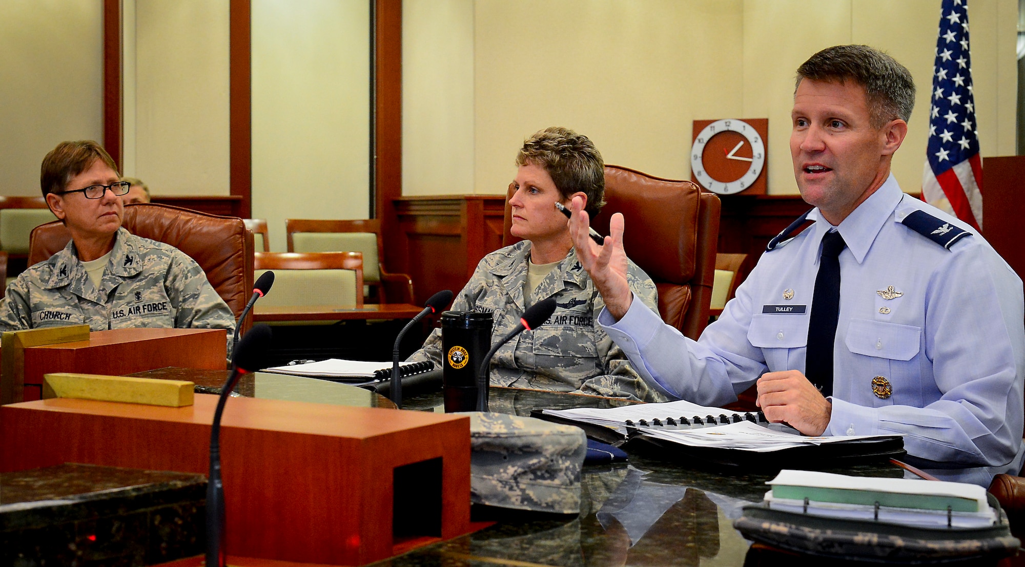 Col. Daniel Tulley, 6th Air Mobility Wing commander, speaks at the MacDill Partnership Council on MacDill Air Force Base, Fla., July 27, 2015. This was the first meeting of its kind that brought together wing and tenant unit leadership to talk about what’s working and what needs to be improved on MacDill. (U.S. Air Force photo by Senior Airman Ned T. Johnston/Released)