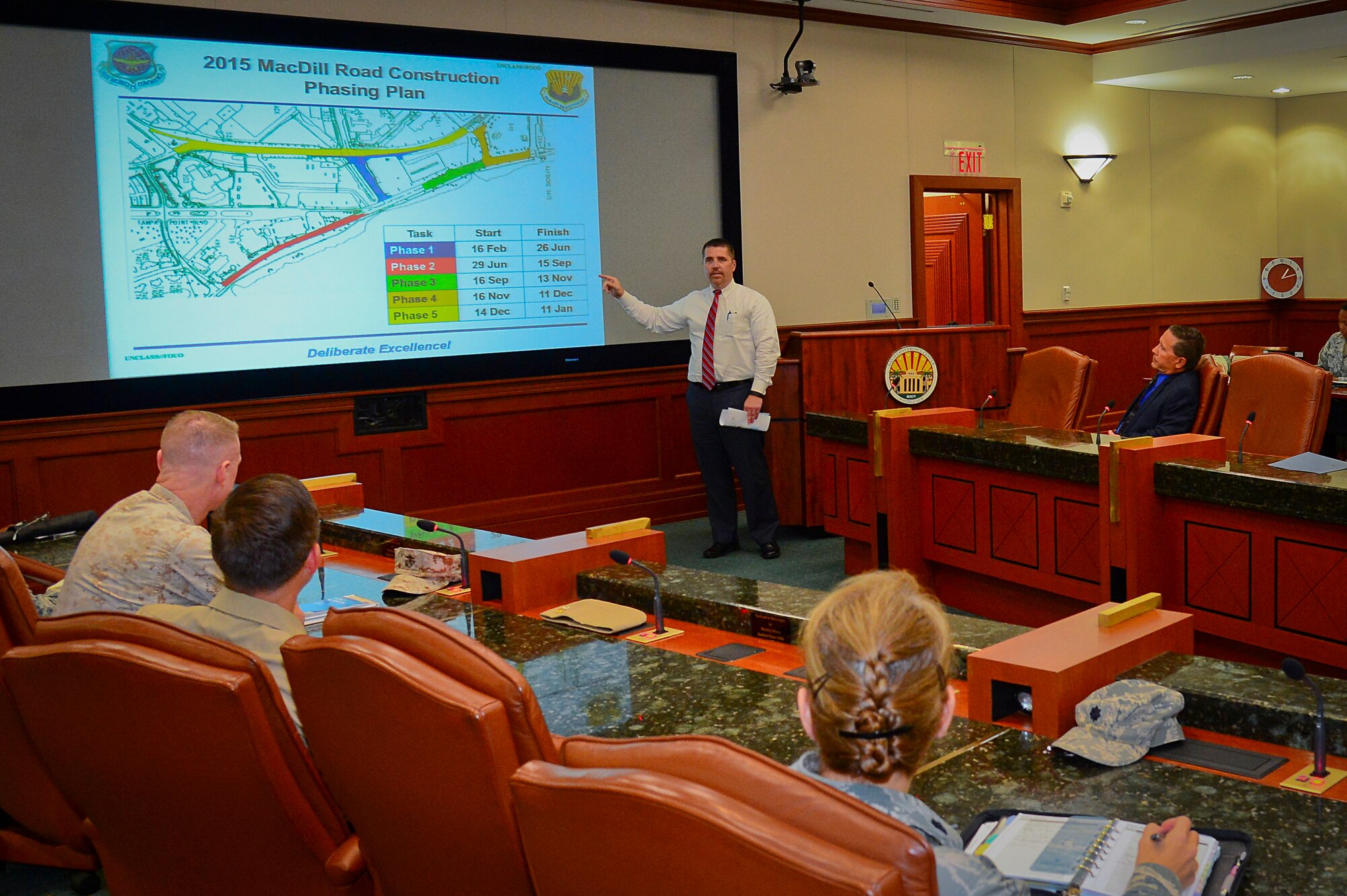 Mr. Robert Hughes, 6th Civil Engineer Squadron director, gives a presentation on the road construction plan at the MacDill Partnership Council on MacDill Air Force Base, Fla., July 27, 2015. Senior representatives from MacDill’s tenant units came together to talk with 6th Air Mobility Wing leadership about base endeavors. (U.S. Air Force photo by Senior Airman Ned T. Johnston/Released)