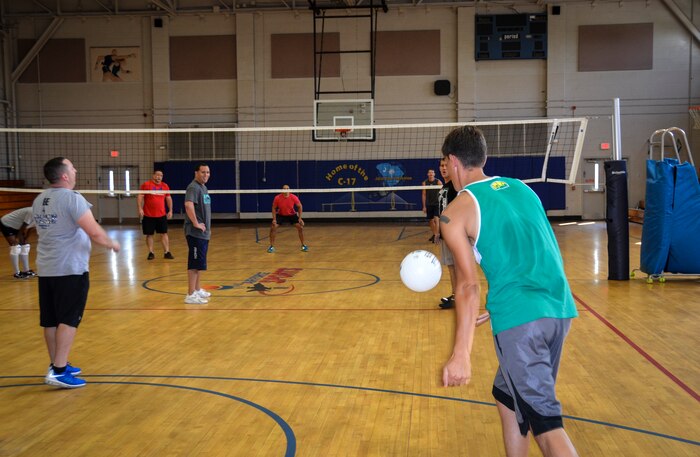Nicholas Priest, 1st Combat Camera Squadron, serves during the Intramural Volleyball Season Opener against the 628th Security Forces Squadron, July 30, 2015 at Joint Base Charleston – Air Base, S.C. 628th SFS defeated 1st CTCS with scores of: 25-10, 22-25 and 15-5. The Volleyball season is expected to run until mid-September. (U.S. Air Force photo/Staff Sgt. AJ Hyatt)