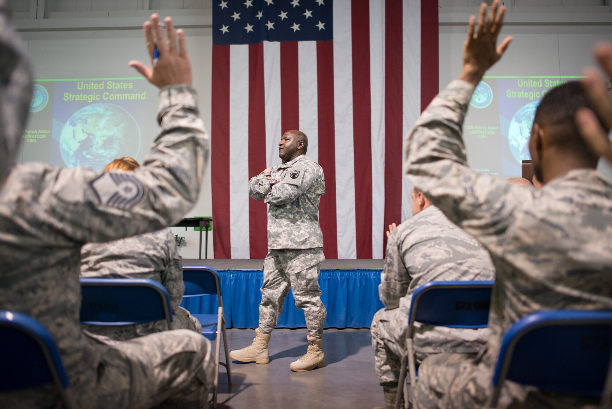 Command Sgt. Maj. Patrick Z. Alston, United States Strategic Command senior enlisted leader, speaks to Airmen of the 821st Contingency Response Squadron July 24 during a tour at Travis Air Force Base, Calif. (U.S. Air Force photo by Ken Wright)