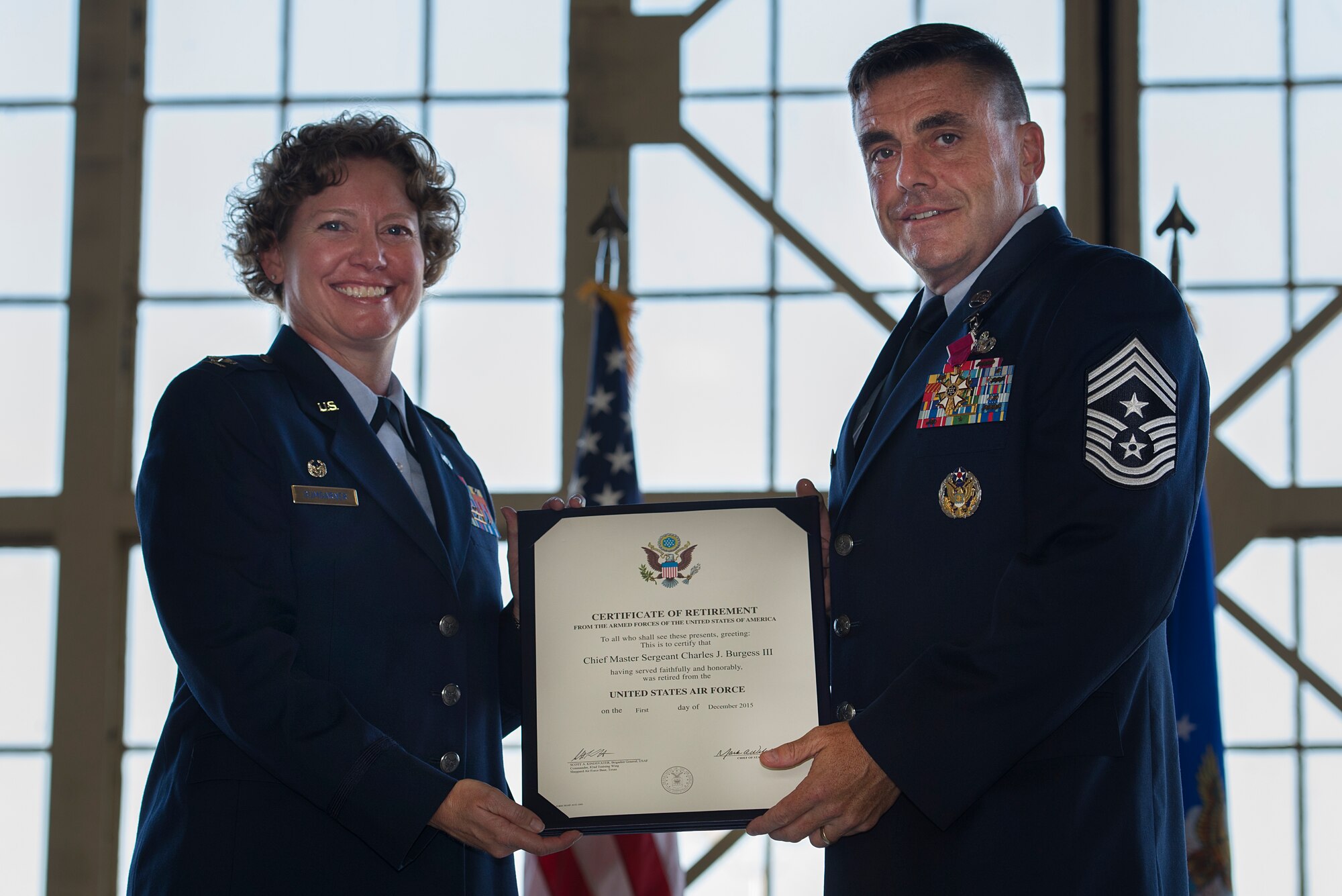 U.S. Air Force Chief Master Sgt. Charles Burgess, 82nd Training Wing command chief, retires from the active duty Air Force, July 31, 2015, at Sheppard Air Force Base, Texas. Burgess was known for his passion for taking care of military members and their families. He led various initiatives across the base for quality of life improvements. (U.S. Air Force photo by Senior Airman Kyle Gese/Released)