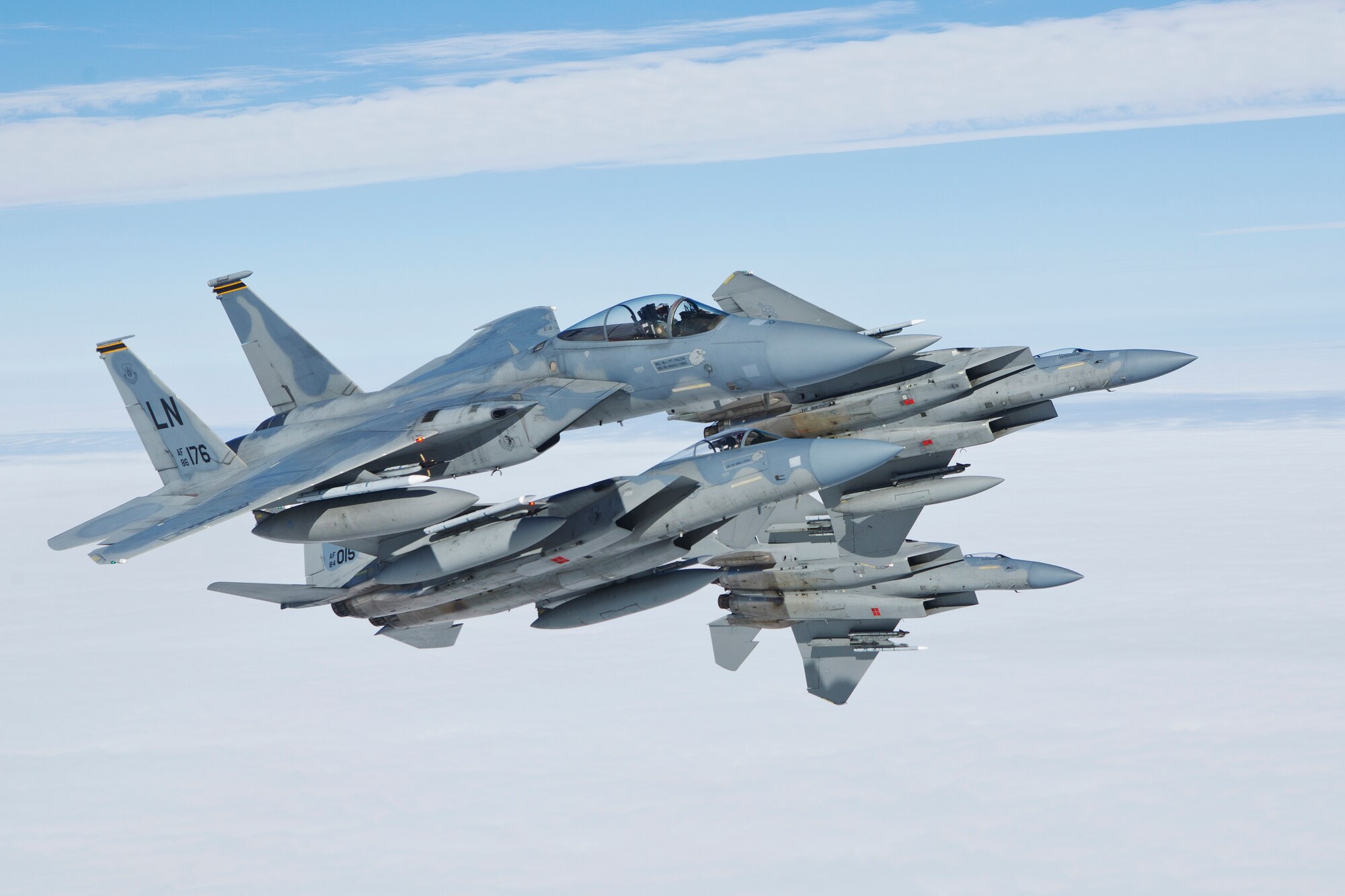 Four F-15C Eagles from the 493rd Fighter Squadron, Royal Air Force Lakenheath, England, break formation during flying operations July 22, 2015. The 493rd FS recently received the 2014 Raytheon Trophy as the U.S. Air Force's top fighter squadron. (Courtesy photo by Ioannis Lekkas/Released)