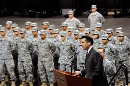 Nevada Gov. Brian Sandoval address Soldiers and their families at a Jan. 6, 2011, deployment ceremony at the Mandalay Bay Convention Center in Las Vegas.