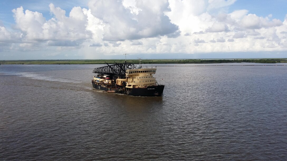 The McFarland, a deep-draft hopper dredge owned and operated by USACE Philadelphia District, conducted urgent dredging for 62 days on the Southwest Pass of the Mississippi River starting in late March of 2015. The dredge was called upon because high stages impacted navigation along the Mississippi River. 