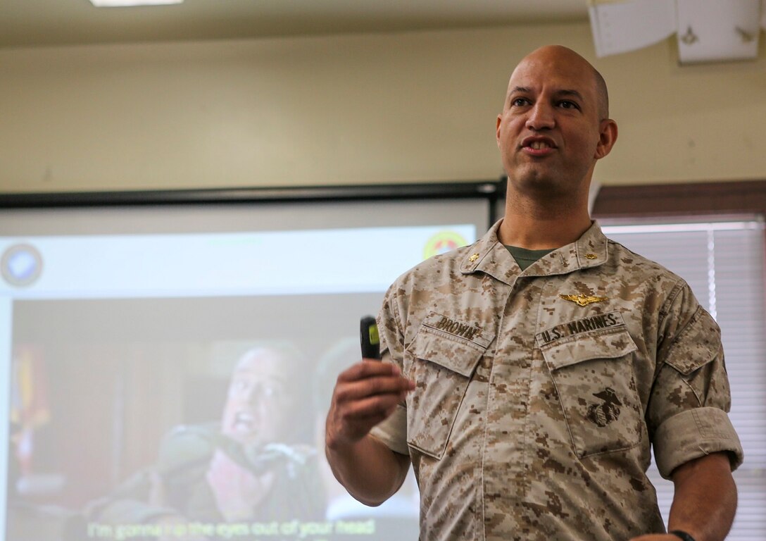 Major Jonathan Brown, a deputy officer in command for the Pacific Command coordination liaison with Marine Corps Security Cooperation Group Instructors with MCSCG, stationed at Joint Expeditionary base Little Creek- Fort Story, Virginia Beach, Va., visited Camp Pendleton to give periods of instruction to Marines with 1st Law Enforcement Battalion. The purpose of MCSCG is to discuss Pacific Command security cooperation as well as work with students and with the Marine Corps on how to engage in the PACOM environment.