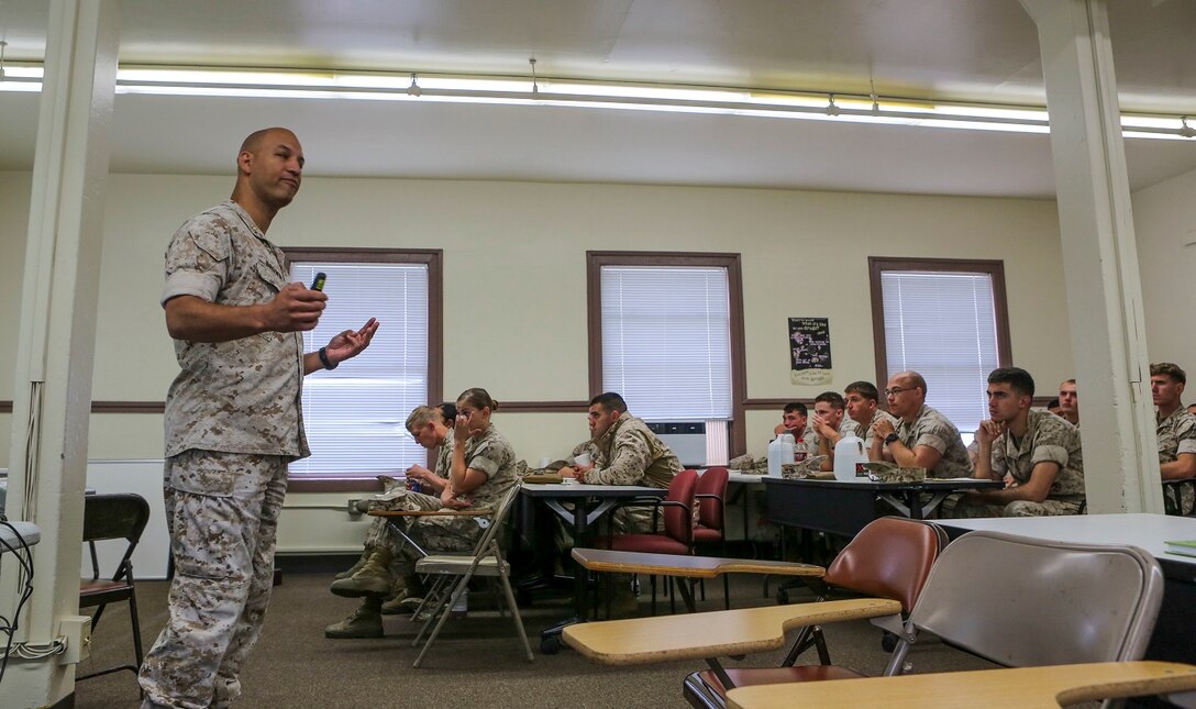 Major Jonathan Brown, a deputy officer in command for the Pacific Command coordination liaison with Marine Corps Security Cooperation Group Instructors with MCSCG, stationed at Joint Expeditionary base Little Creek- Fort Story, Virginia Beach, Va., visited Camp Pendleton to give periods of instruction to Marines with 1st Law Enforcement Battalion. The purpose of MCSCG is to discuss Pacific Command security cooperation as well as work with students and with the Marine Corps on how to engage in the PACOM environment.