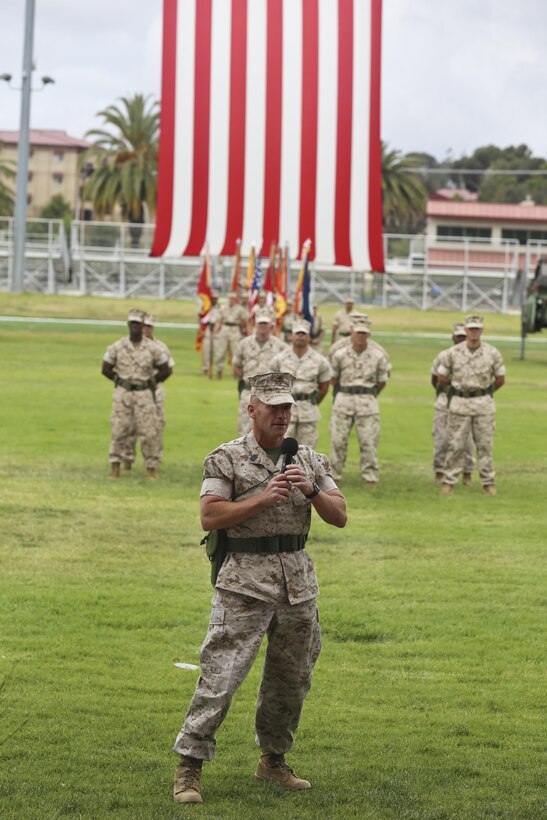 U.S. Marine Sgt. Maj. Richard D. Thresher 1st Marine Logistics Group (1st MLG) gives a farewell speech during the 1st Marine Logistics Group Post and Relief Ceremony aboard Camp Pendleton Calif., May 21, 2015. The Post and Relief for 1st MLG showcased the passing of command from Sgt. Maj. Richard D. Thresher to Sgt. Maj. Troy E. Black. (U.S. Marine Corps photo by Lance Cpl. Lauren Falk/Released)