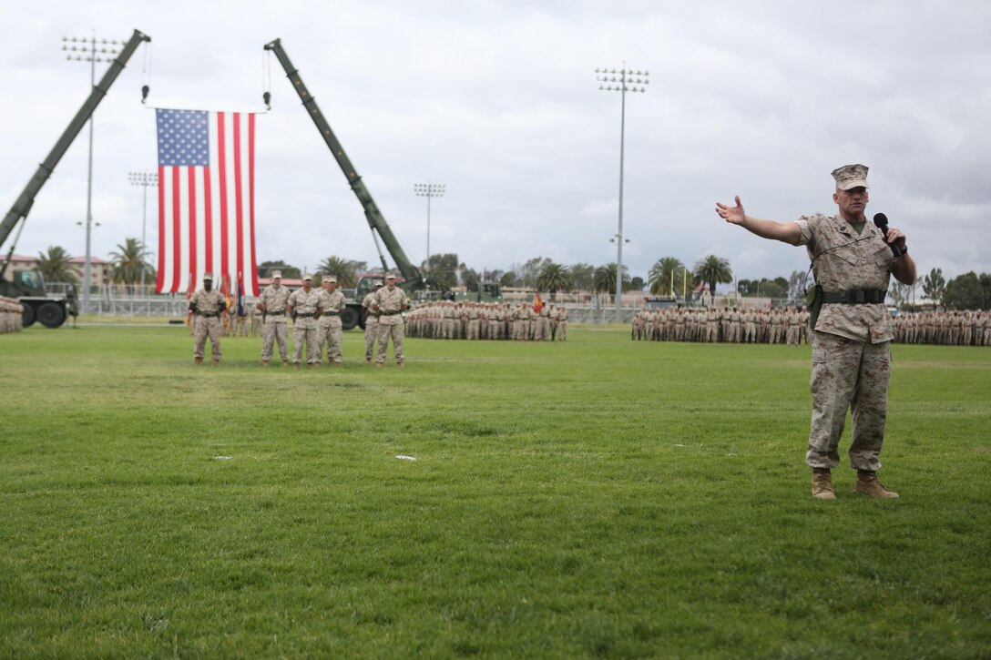 U.S. Marine Sgt. Maj. Richard D. Thresher 1st Marine Logistics Group (1st MLG) gives a farewell speech during the 1st MLG Post and Relief Ceremony aboard Camp Pendleton, Calif., May 21, 2015. The Post and Relief for 1st MLG showcased the passing of command from Sgt. Maj. Richard D. Thresher to Sgt. Maj. Troy E. Black. (U.S. Marine Corps photo by Cpl. Rodion Zabolotniy/Released)