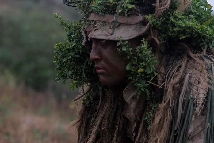 A Marine with 1st Marine Division, 7th Marine Regiment participates in stalking training aboard Marine Corps Base, Camp Pendleton, Calif., May 27, 2015. The training was the last event during Division School’s 6-week-long Pre-Scout Sniper Course. (Photo by LCpl. Danielle Rodrigues/Released)
