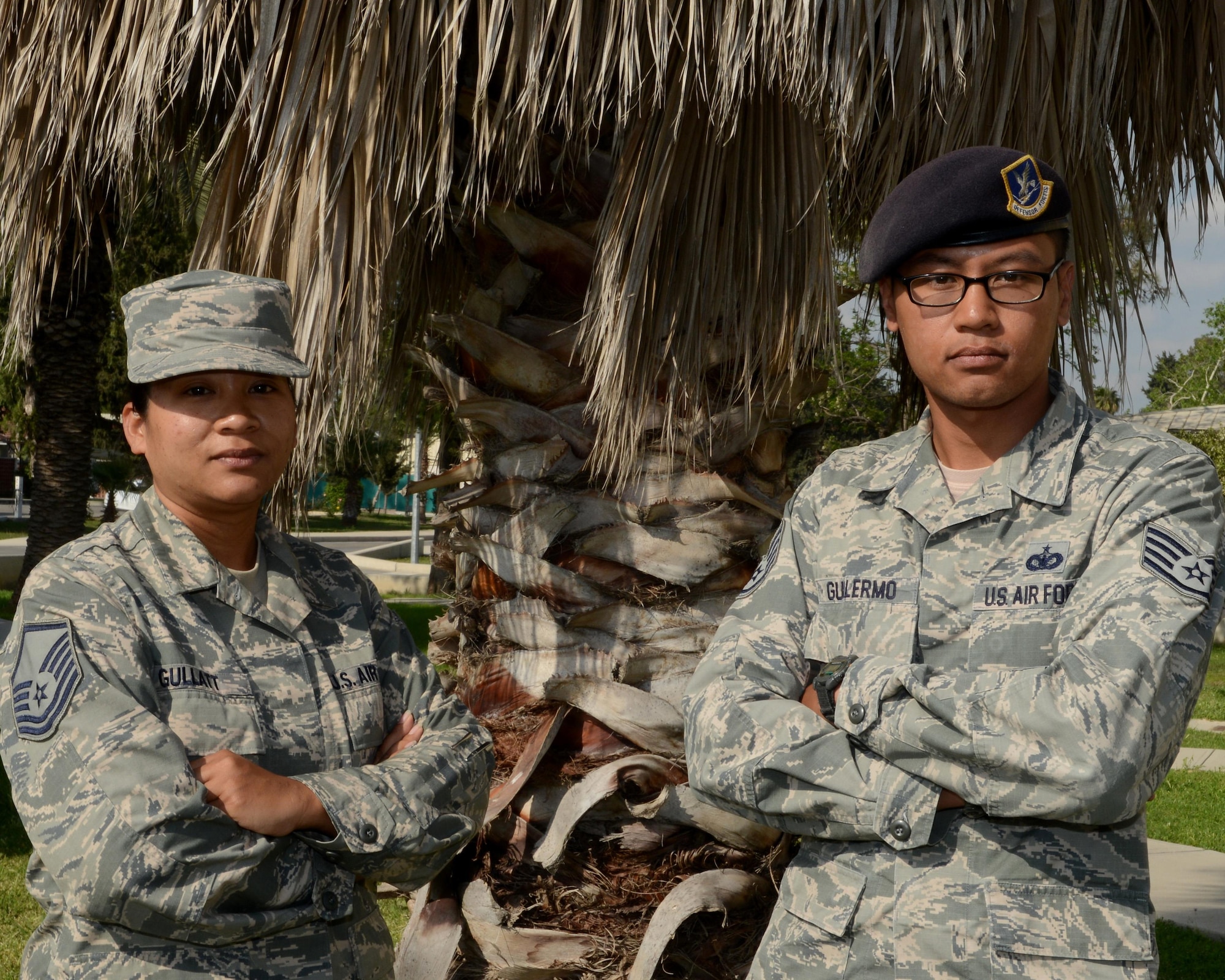 Master Sgt. Chasitity Gullatt, the 39th Air Base Wing Equal Opportunity superintendent, and her brother, Staff Sgt. Bryant Guillermo, a 39th Security Forces Squadron vault storage area supervisor, are stationed together at Incirlik Air Base, Turkey. This is the first time in their careers that they have been stationed together. (U.S. Air Force photo/Staff Sgt. Caleb Pierce)