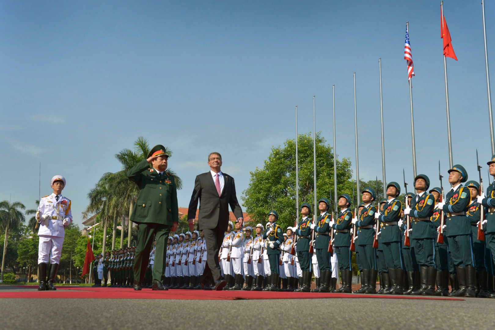 HANOI, Vietnam (June 1, 2015) - Vietnamese Minister of Defense General Phung Quang Thanh welcomes Defense Secretary Ash Carter with an honor cordon.  Carter is on a 10-day trip to the Asia-Pacific to meet with partner nations and affirm U.S. commitment to the region. 