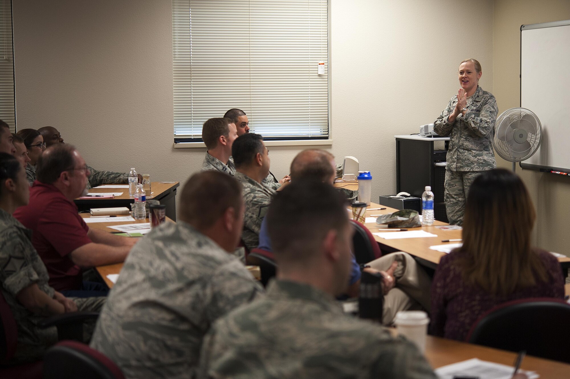GOODFELLOW AIR FORCE BASE, Texas – Col. Kimberlee P. Joos, 17th Training Wing Commander, speaks to base personnel during the Flight Commander Course at the Consolidated Learning Center April 21. The Flight Commander Course is a non-standardized Air Force program designed to help flight commanders understand their duties before entering the position. (U.S. Air Force photo/ Airman 1st Class Devin Boyer)