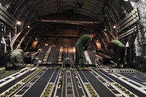 Loadmasters from the 316th Airlift Squadron flip cargo rollers on a C-17 Globemaster in preparation for incoming pallets, May 27, 2015, at Hurlburt Field, Fla. The Airmen loaded two ambulances and four pallets of cargo before taking off for NEW HORZIONS 2015. U.S. service members deployed to Honduras in support of NEW HORIZONS 2015, an annual event conducted to train military civil engineers and medical professionals to deploy and conduct joint operations. (U.S. Air Force photo by Airman 1st Class Ryan Conroy/Released)
