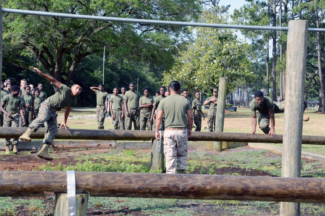 More than 30 members of the Dougherty Comprehensive High School, Albany, Georgia, Marine Corps Junior Reserve Officers’ Training Corps test their physical and mental prowess on Marine Corps Logistics Base Albany's obstacle course during the first of a three-day Cadet Leadership Camp, June 1.