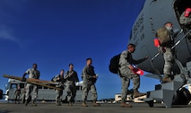 Members of the 823rd RED HORSE board a C-17 Globemaster, May 27, 2015, at Hurlburt Field, Fla. Twelfth Air Force, in conjunction with the U.S. Embassy and government of Honduras, is currently conducting NEW HORIZONS 2015, an annual event conducted to train military civil engineers and medical professionals to deploy and conduct joint operations. (U.S. Air Force photo by Airman 1st Class Ryan Conroy/Released)  
