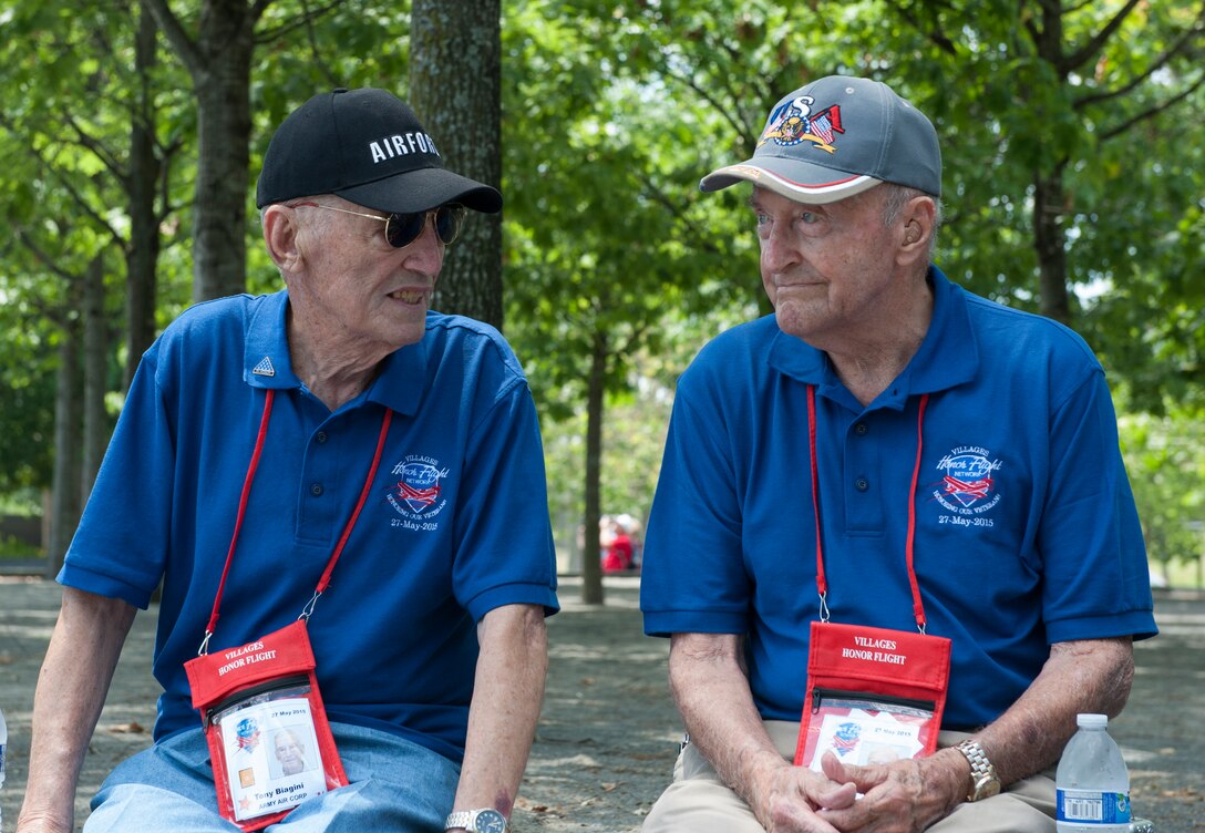 Richard Kappel and Tony Biagini, both Army Air Corps veterans, sit together during their visit to the Air Force Memorial in Washington D.C., May 27, 2015. (U.S. Air Force photo/Staff Sgt. Carlin Leslie)