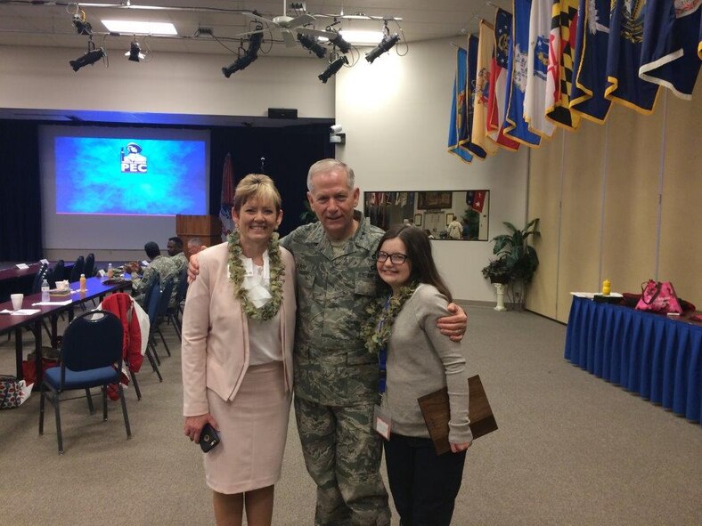 Shirley Bearden, left, and Savannah Sosebee pose for a photo with Arkansas adjutant general, Maj. Gen. Mark Berry, May 16, 2015 at Camp Robinson, North Little Rock, Ark. Bearden won the 2015 Arkansas National Guard Volunteer Award and the National Guard Bureau Region 6 Family Programs award and Sosebee won the 2015 Arkansas National Guard Youth Volunteer Award. (Courtesy photo by Maj. Kimberly Keizer/Released)