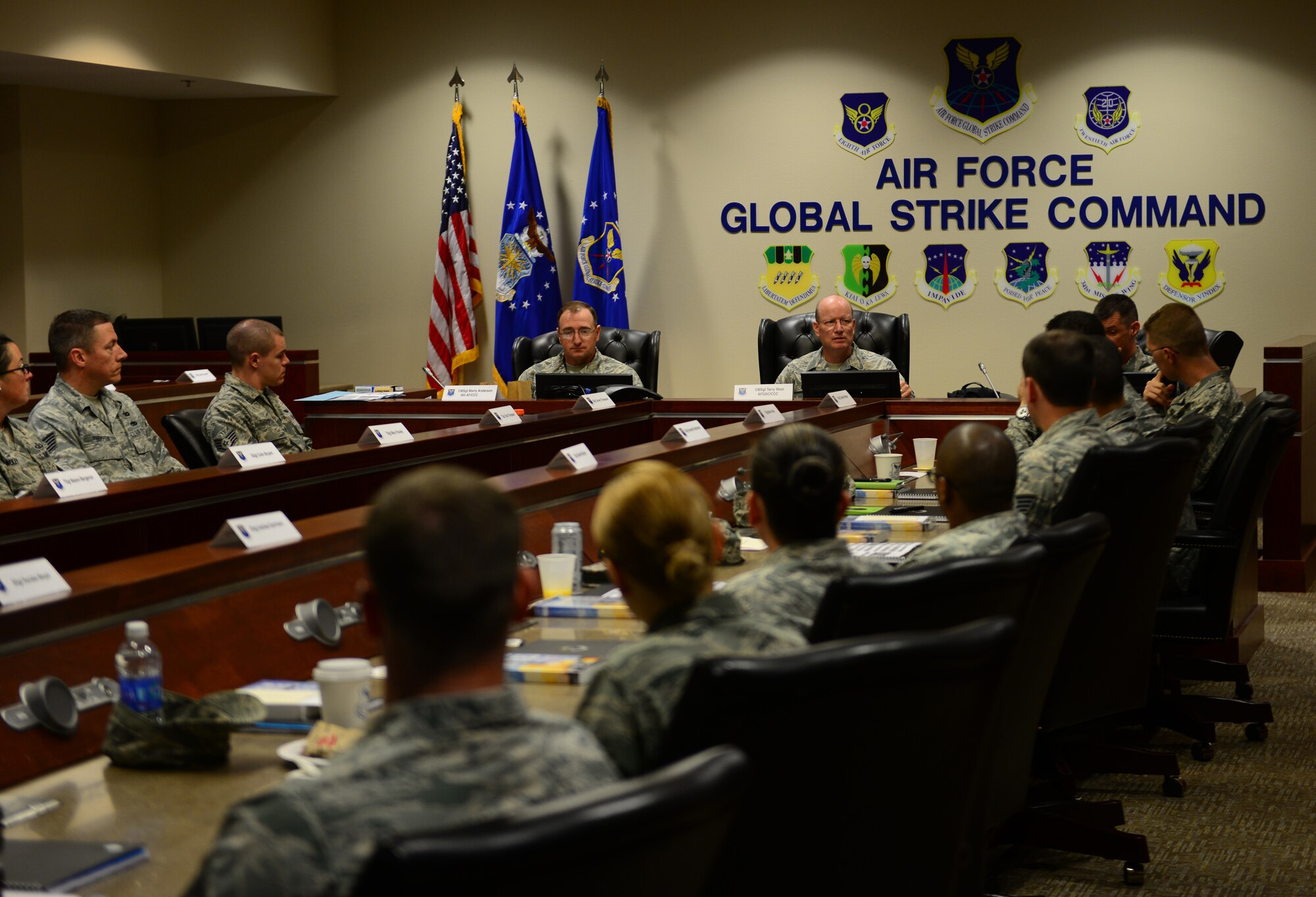 Chief Master Sgt. Marty Anderson, 8th Air Force Command Chief, and Chief Master Sgt. Terry West, Air Force Global Strike Command Chief, give their opening remarks at the Striker Stripe leadership conference on Barksdale Air Force Base, Louisiana, May 27, 2015. At the conference, Airmen were able to visit with some of the military’s top leaders. (U.S. Air Force photo/Airman 1st Class Luke Hill)