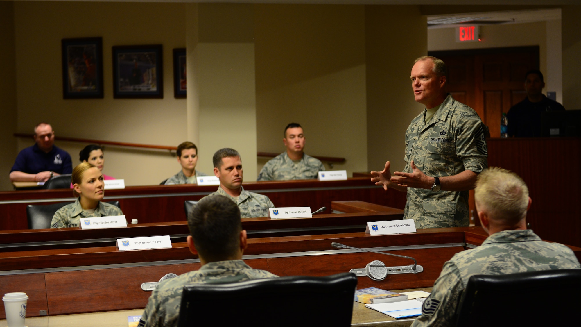 Chief Master Sgt. of the Air Force James Cody speaks at the Striker Stripe conference on Barksdale Air Force Base, Louisiana, May 27, 2015. Cody discussed issues about communication between Airmen and NCOs, trust, and integrity. (U.S. Air Force photo/Airman 1st Class Luke Hill)