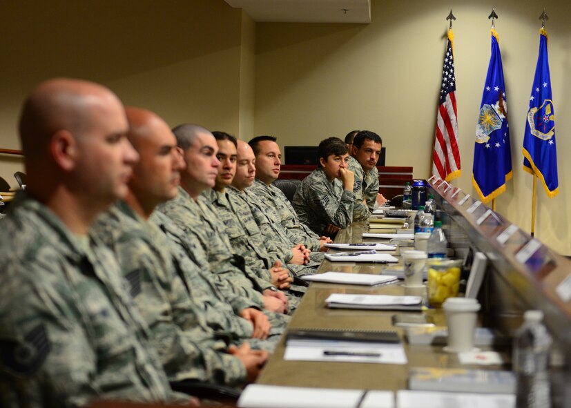 Technical and staff sergeants from Air Force Global Strike Command listen to some of the Military’s top leaders at the Striker Stripe conference on Barksdale Air Force Base, Louisiana, May 27, 2015. About 40 NCOs from AFGSC attended the conference where they enhance their leadership techniques. (U.S. Air Force photo/Airman 1st Class Luke Hill)