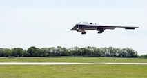 The Spirit of New York, a B-2 bomber assigned to the 509th Bomb Wing, lands at Whiteman Air Force Base, Mo., after conducting an end-to-end operational nuclear weapon systems evaluation May 19, 2015. The evaluation demonstrated the strategic bomber force's ability to prepare, load, fly and deliver nuclear-capable munitions. During the event, the B-2 flew to the Tonopah Test Range in Nevada and deployed two inert Joint Test Assembly munitions to simulate B-61-7 and B-83 gravity weapons. (U.S. Air Force photo by Staff Sgt. Brigitte N. Brantley/Released)