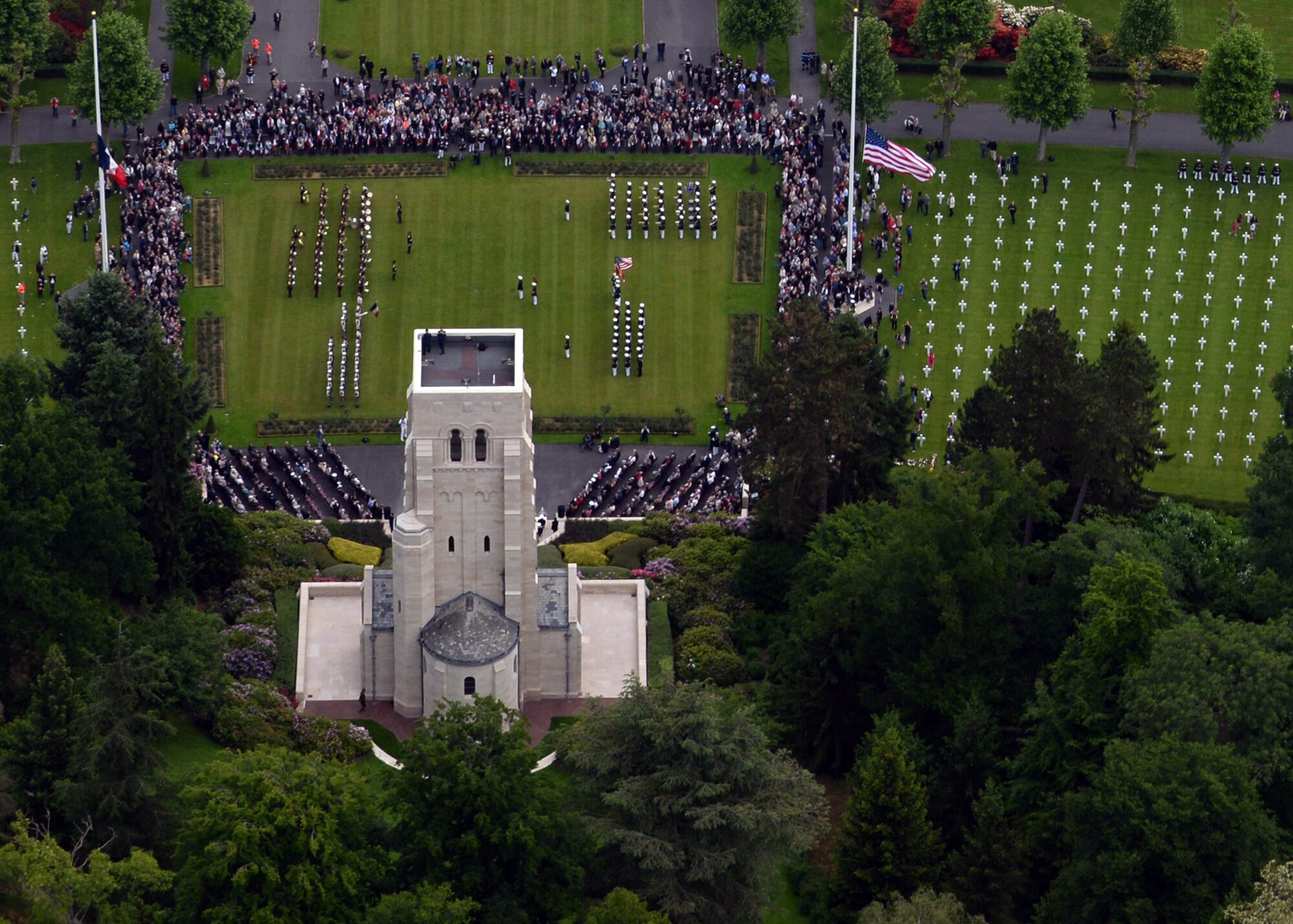 The Aisne-Marne American Cemetery and Memorial hosts a Memorial Day ceremony May 31, 2015, in Belleau, France. The extended memorial service was held six days after Memorial Day to accommodate multiple service components who participated in the event. The cemetery spans across more than 42 acres and contains the graves of 2,289 service members, most of whom lost their lives in the summer of 1918. (U.S. Air Force photo/Tech. Sgt. Krystie Martinez/Released)