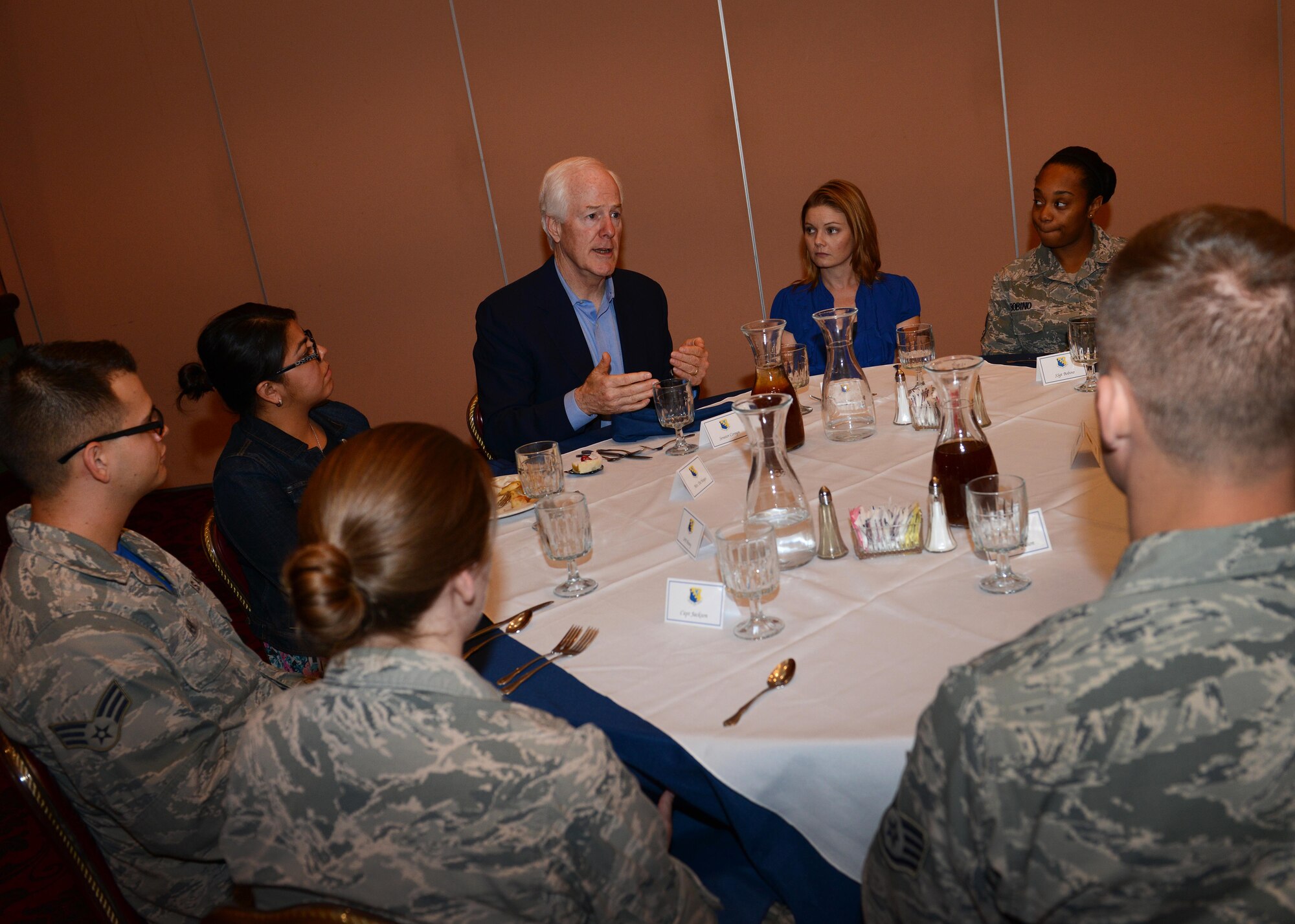 Sen. John Cornyn of Texas speaks with Team Aviano members during a lunch event, May 29, 2015, at Aviano Air Base, Italy. Team Aviano members were able to ask questions and learn more about senators from Texas, Wyoming, Nebraska and Alabama and a representative from Texas during a visit to Aviano Air Base. (U.S. Air Force photo by Airman 1st Class Deana Heitzman/Released)