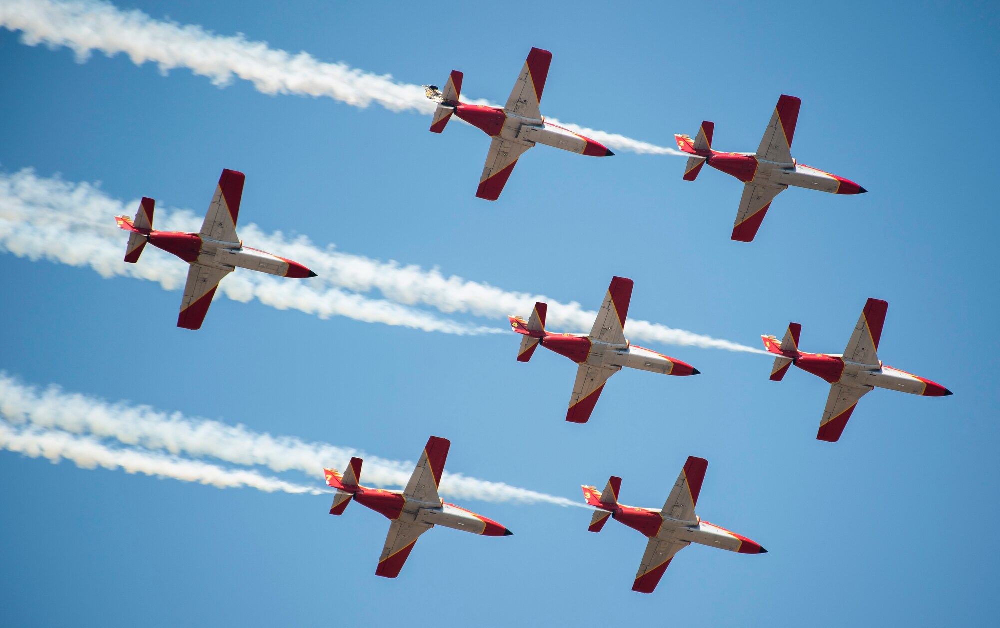 The Spanish Air Forces’ Patrulla Águila, Casa C-101 Aviojets demonstration team flies above Morón Air Base, Spain, during an open house May 30, 2015. The two-day event was held to celebrate Morón’s 75th anniversary. (U.S. Air Force photo/Senior Airman Damon Kasberg)
