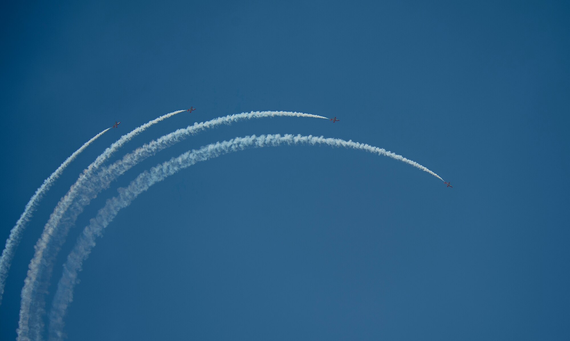 The Spanish Air Forces’ Patrulla Águila, Casa C-101 Aviojets demonstration team flies above Morón Air Base, Spain, during an open house May 30, 2015. The two-day event was held to celebrate Morón’s 75th anniversary. (U.S. Air Force photo/Senior Airman Damon Kasberg)