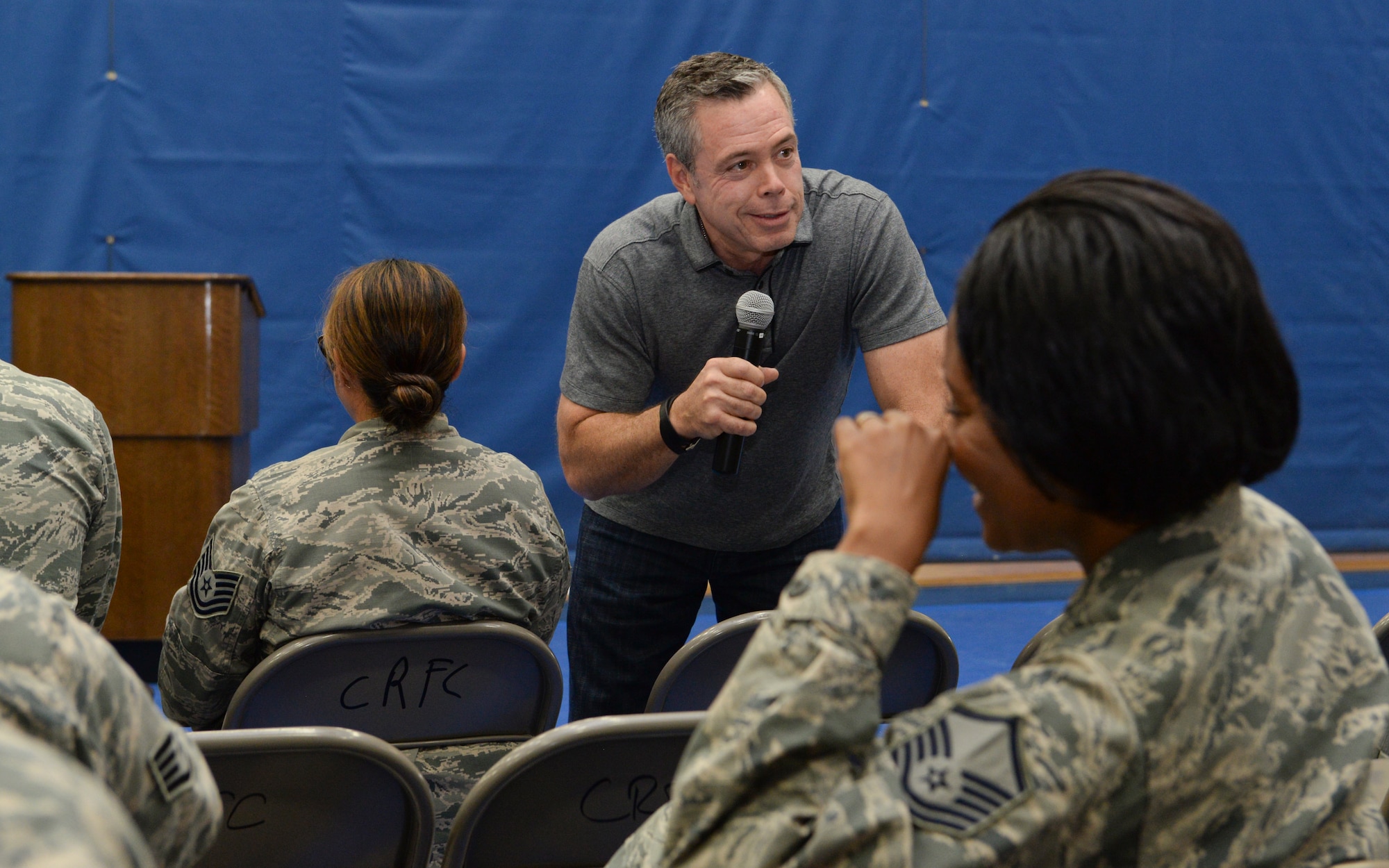 Comedian Bernie McGrenahan tells a joke during his “Comedy is the Cure” show May 29, 2015, at the Coral Reef Fitness Center on Andersen Air Force Base, Guam. The comedian uses jokes and humor, as well as a 30-minute testimony on what he’s been through to relay the importance on alcohol, drug and sexual assault prevention, and risk-reduction safety. (U.S. Air Force photo by Staff Sgt. Robert Hicks/Released)