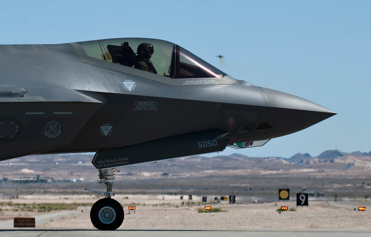 A Luke Air Force Base F-35A Lightning II stands by to take off at Nellis Air Force Base, Nev., April 15, 2015. U.S. Air Force photo by Senior Airman Thomas Spangler