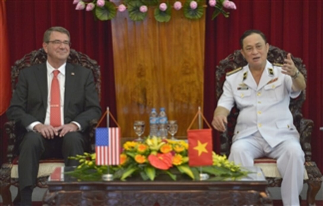 Defense Secretary Ash Carter meets with Vice Minister of Defense and Commander of the Vietnam People's Navy, Admiral Nguyen Van Hien, in Hai Phong, Vietnam, May 31, 2015. Carter is on a 10-day trip to the Asia-Pacific to meet with partner nations and affirm U.S. commitment to the region. 