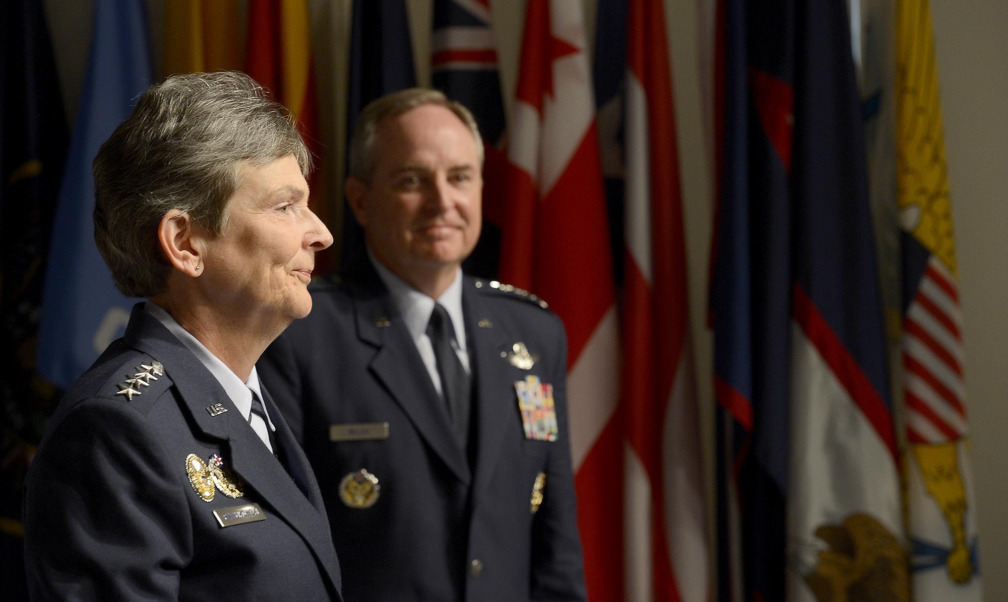 Air Force Chief of Staff Gen. Mark A. Welsh III stands with newly promoted Gen. Ellen M. Pawlikowski during her promotion ceremony June 1, 2015, at the Women's Memorial for Military Service in Arlington National Cemetery, Virginia. Pawlikowski is slated to become the commander of Air Force Materiel Command at Wright-Patterson Air Force Base, Ohio. (U.S. Air Force photo/Scott M. Ash)