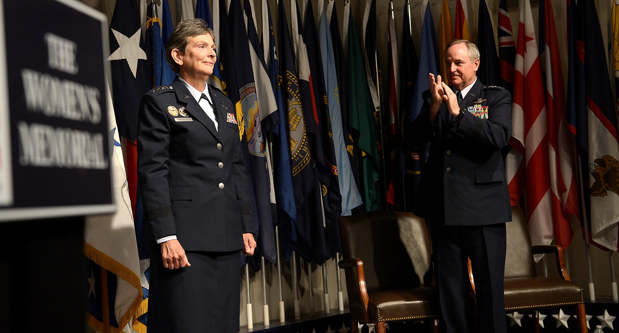 Air Force Chief of Staff Gen. Mark A. Welsh III congratulates newly promoted Gen. Ellen M. Pawlikowski during her promotion ceremony June 1, 2015, at the Women's Memorial for Military Service in Arlington National Cemetery, Virginia. Pawlikowski is slated to become the commander of Air Force Materiel Command at Wright-Patterson Air Force Base, Ohio. (U.S. Air Force photo/Scott M. Ash)