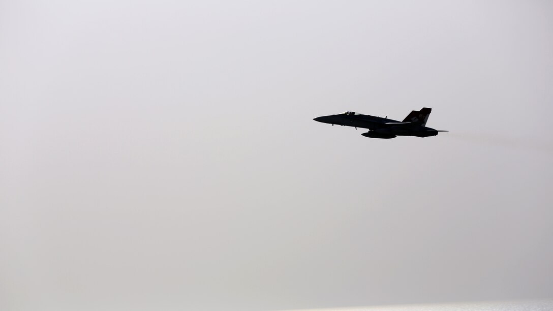 A U.S. Marine Corps F/A-18 Hornet from Marine Fighter Attack Squadron 232, Special Purpose Marine Air-Ground Task Force-Crisis Response-Central Command, launches for a strike mission in Southwest Asia, May 28, 2015. Pilots of VMFA-232 support Combined Joint Task Force – Operation Inherent Resolve with a combination of surveillance flights and kinetic strike missions enabling Iraqi Security Forces in their fight against the Islamic State of Iraq and the Levant.