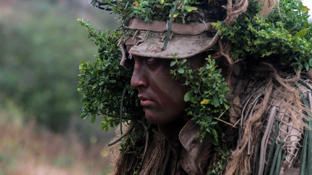 A Marine with 1st Marine Division, 7th Marine Regiment participates in stalking training aboard Marine Corps Base, Camp Pendleton, California May 27, 2015. The training was the last event during Division School’s 6-week-long Pre-Scout Sniper Course.