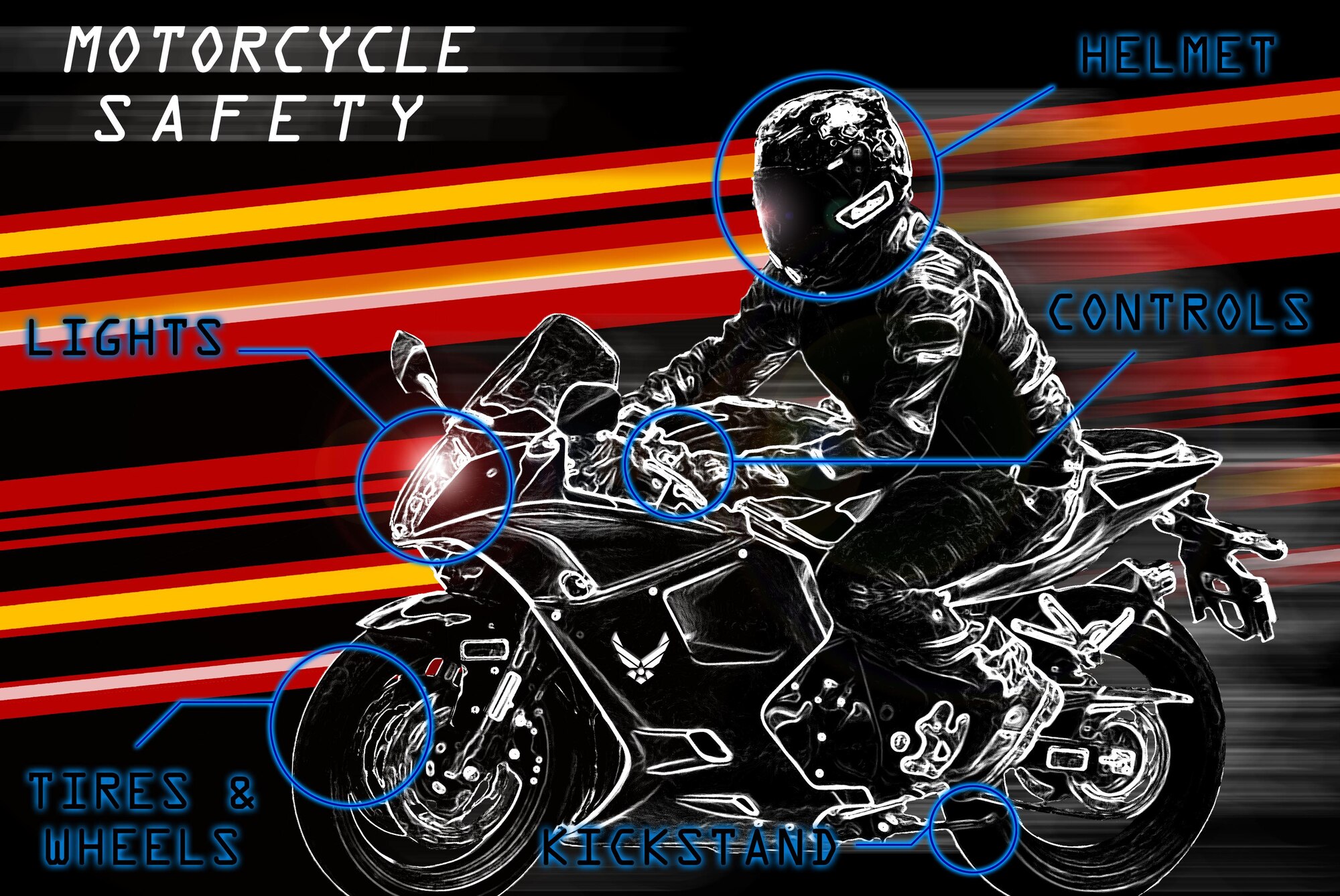 May is Motorcycle Safety Awareness Month. Before riding, be sure to check the T-CLOCK: tires and wheels, controls, lights, oil, chassis and kickstand. (U.S. Air Force graphic illustration by Airman 1st Class Devin Boyer/Released)