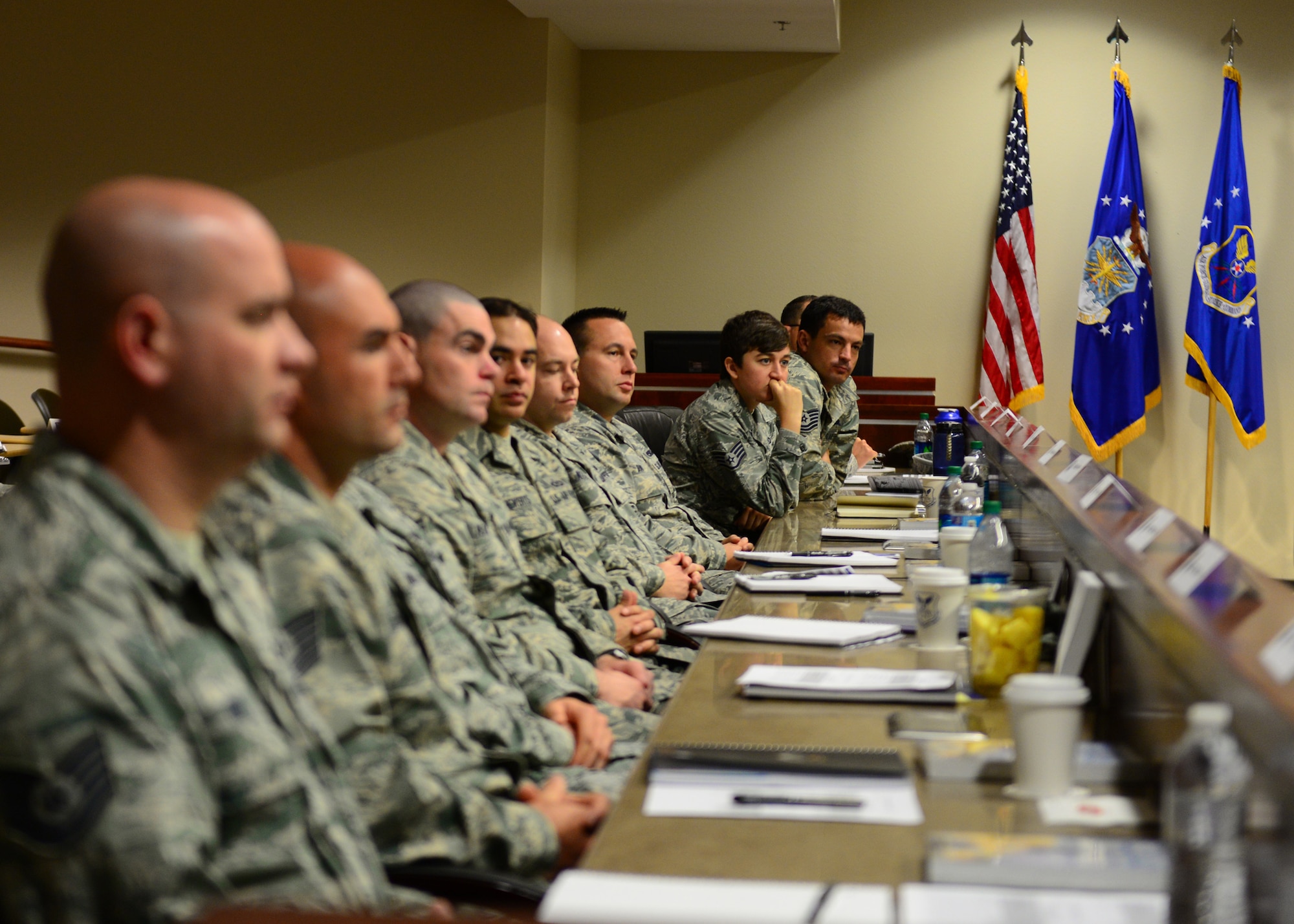Technical and staff sergeants from Air Force Global Strike Command listen to some of the military’s top leaders at Striker Stripe, a leadership development conference on Barksdale Air Force Base, La., May 27, 2015. About 40 NCOs from AFGSC attended the conference where they enhance their leadership techniques. (U.S. Air Force photo/Airman 1st Class Luke Hill)