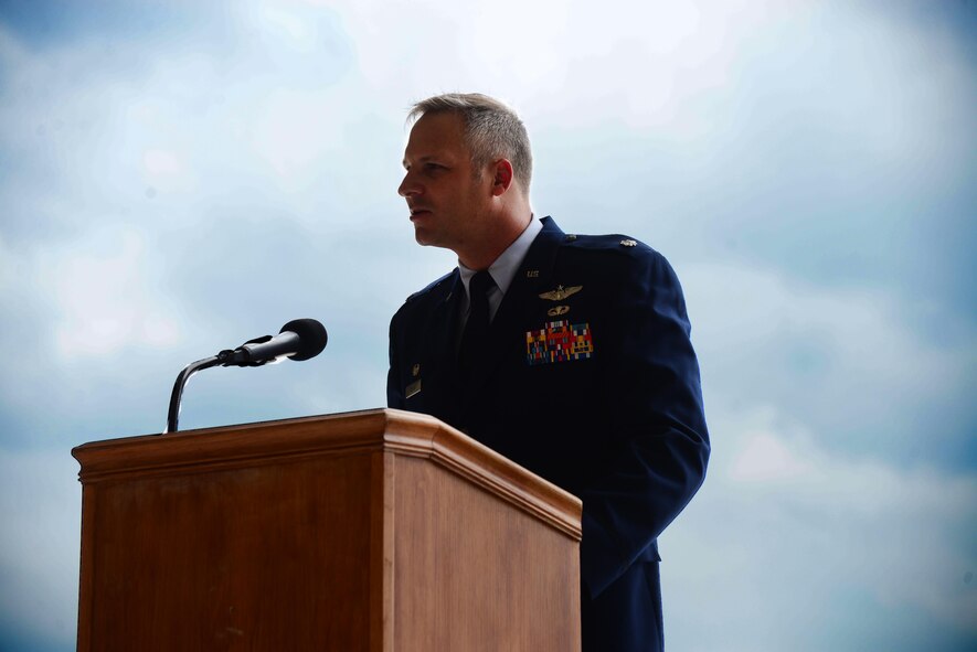 U.S. Air Force Lt. Col. Josh Hartig, 12th Special Operations Squadron commander, delivers remarks at the squadron’s re-designation May 28, 2015 at Cannon Air Force Base, N.M. Hartig spoke with pride in his unit’s dedication to excellence throughout their growth.  (U.S. Air Force Photo/Airman 1st Class Shelby Kay-Fantozzi)