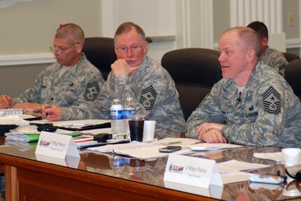 Air Force Chief Master Sgt. Chris Muncy, command chief master sergeant of the Air National Guard, leads discussion at the ANG's Enlisted Field Advisory Council conference, Jan. 24, 2011, at Louisiana National Guard headquarters, Jackson Barracks. Also pictured are Chief Master Sgt. Michael Dalton (center), chairman of the EFAC and Chief Master Sgt. James Downing (left), command chief master sergeant of the LA ANG. The EFAC meets three-to-four times a year in various locales to propose solutions, changes and other policy actions that impact all 94,000 enlisted members of the ANG.